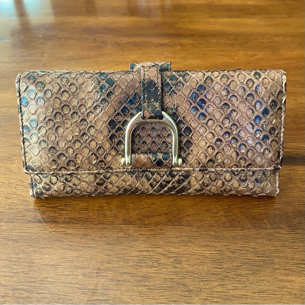 Gucci Brown Python Gold Stirrup Buckle Continental Wallet